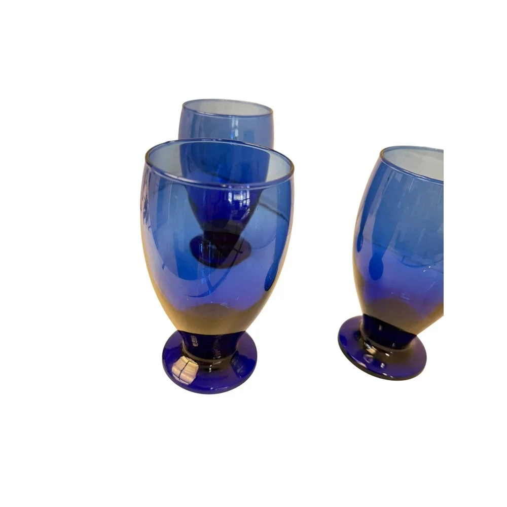 Unbranded Cobalt Blue Blown Glass Goblets Set of 3 Footed Art Glass MCM Style